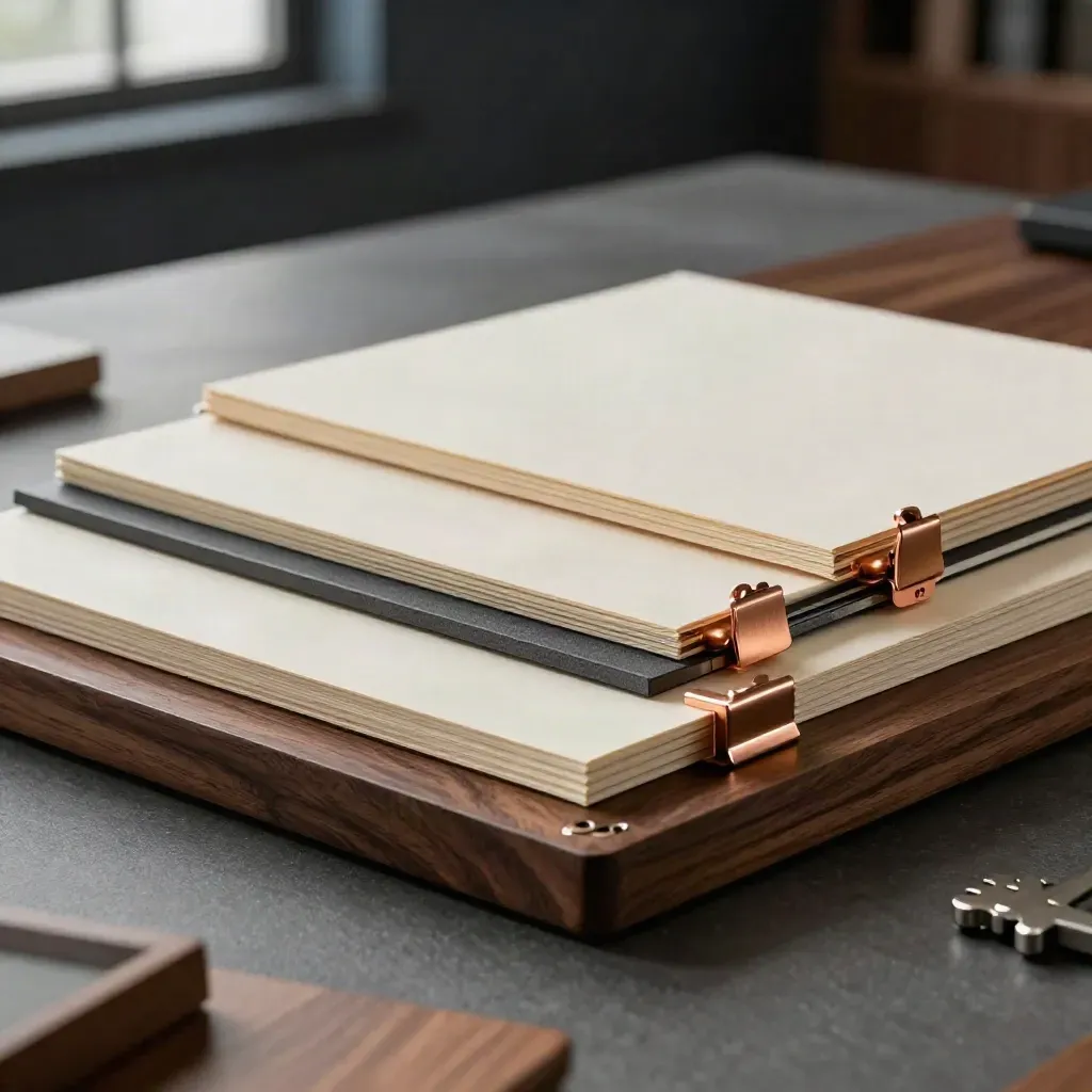 Gros plan d’une table de décision en bois sombre avec dossiers crème et pinces cuivre.