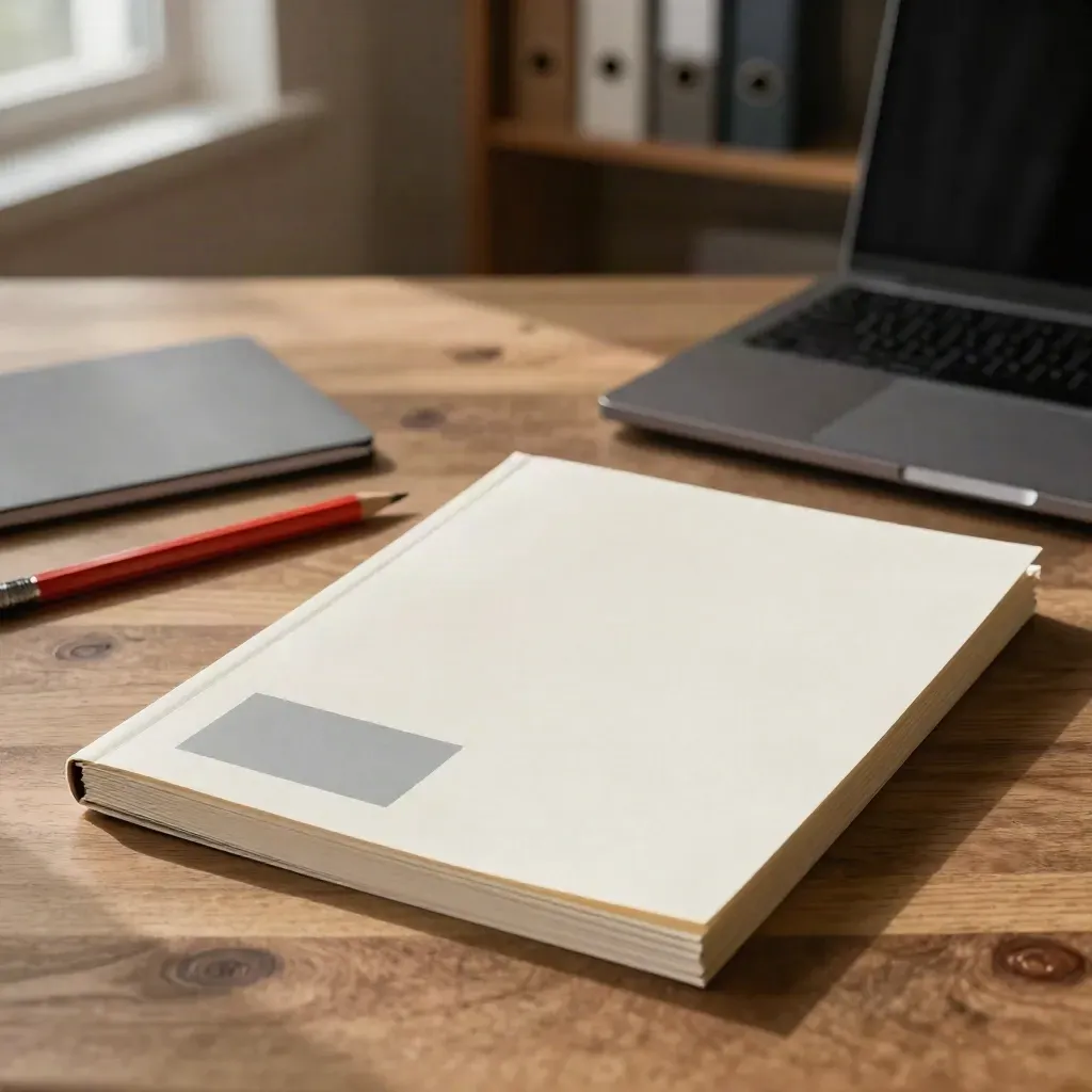 Maquettes de contenu, crayon rouge et ordinateur fermé sur un bureau en bois chaud.