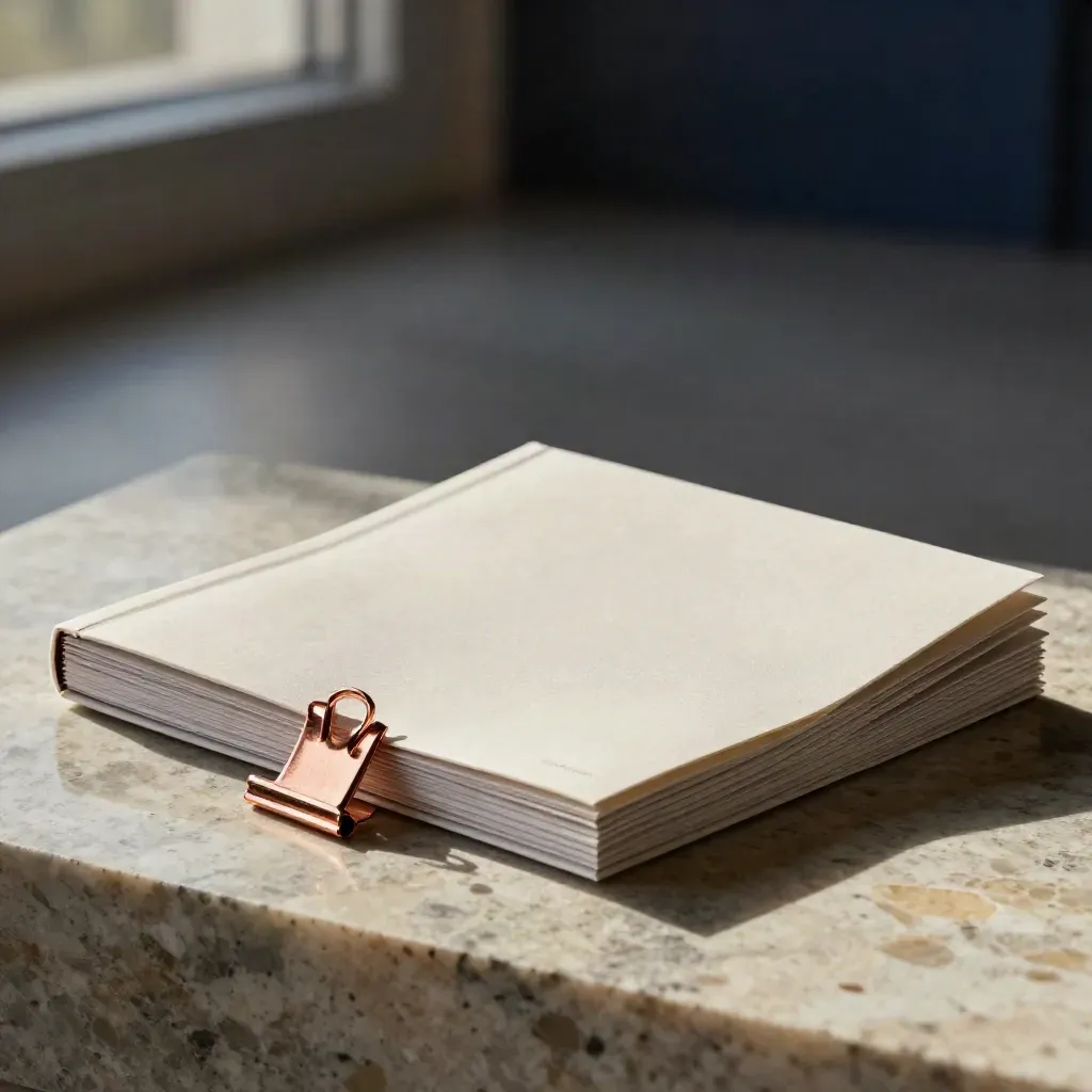 Booklet premium embossé avec cartes d’épreuve et pince cuivre sur travertin sombre.