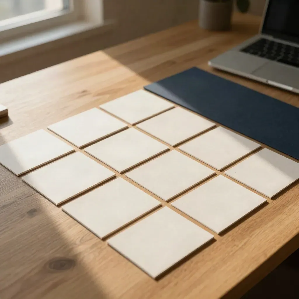 Grille éditoriale de douze cartes sur table en bois clair, ordinateur fermé flou au fond.