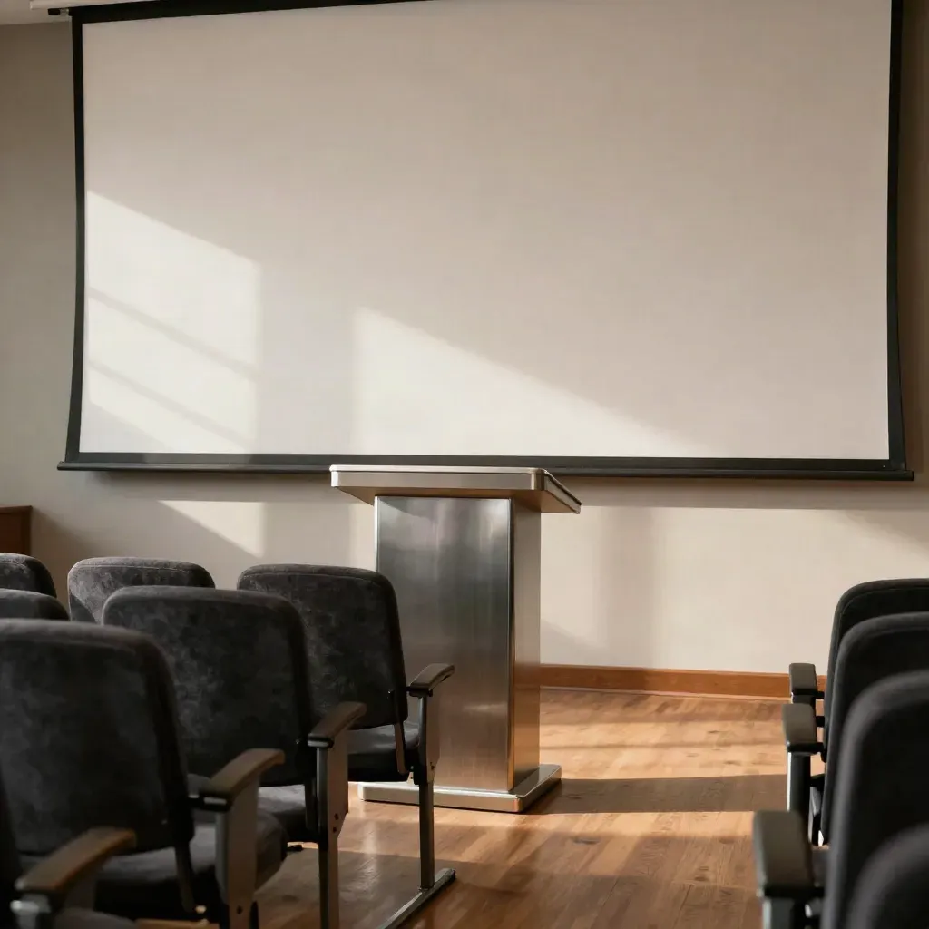 Salle de prise de parole vide, pupitre éclairé, rangées de chaises et mur de projection blanc.