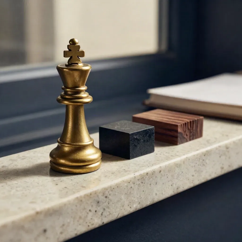 Roi d’échecs en laiton, poids noir et bloc en noyer sur travertin, lumière rasante.