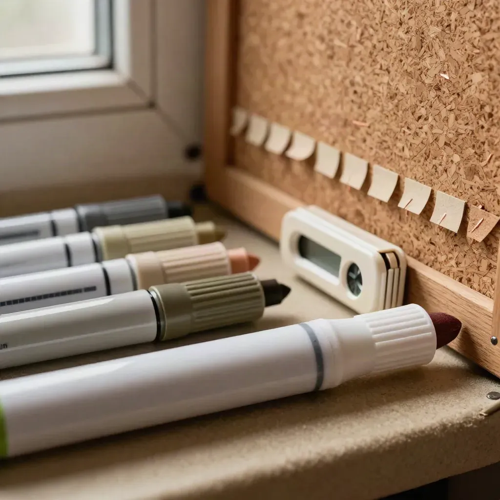 Gros plan d’un kit d’atelier avec feutres, pastilles, minuteur et liège.