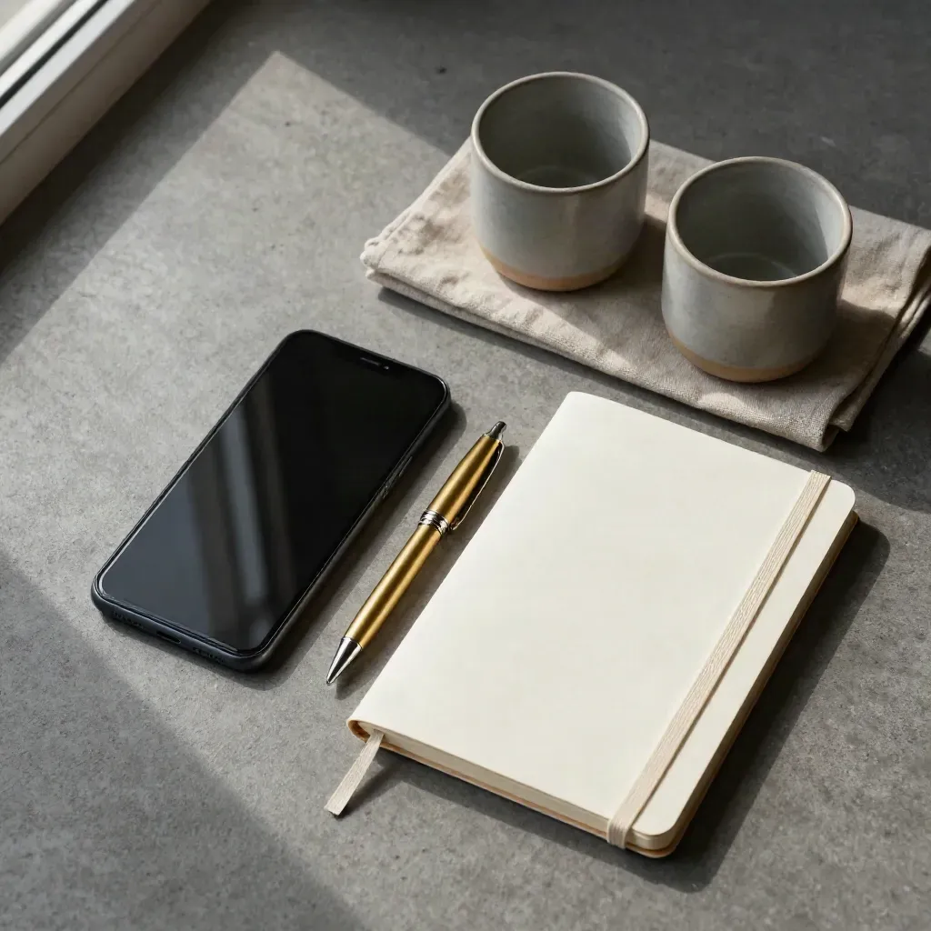 Vue du dessus d’un téléphone noir, d’un stylo laiton, d’un carnet crème et de deux tasses sur lin.
