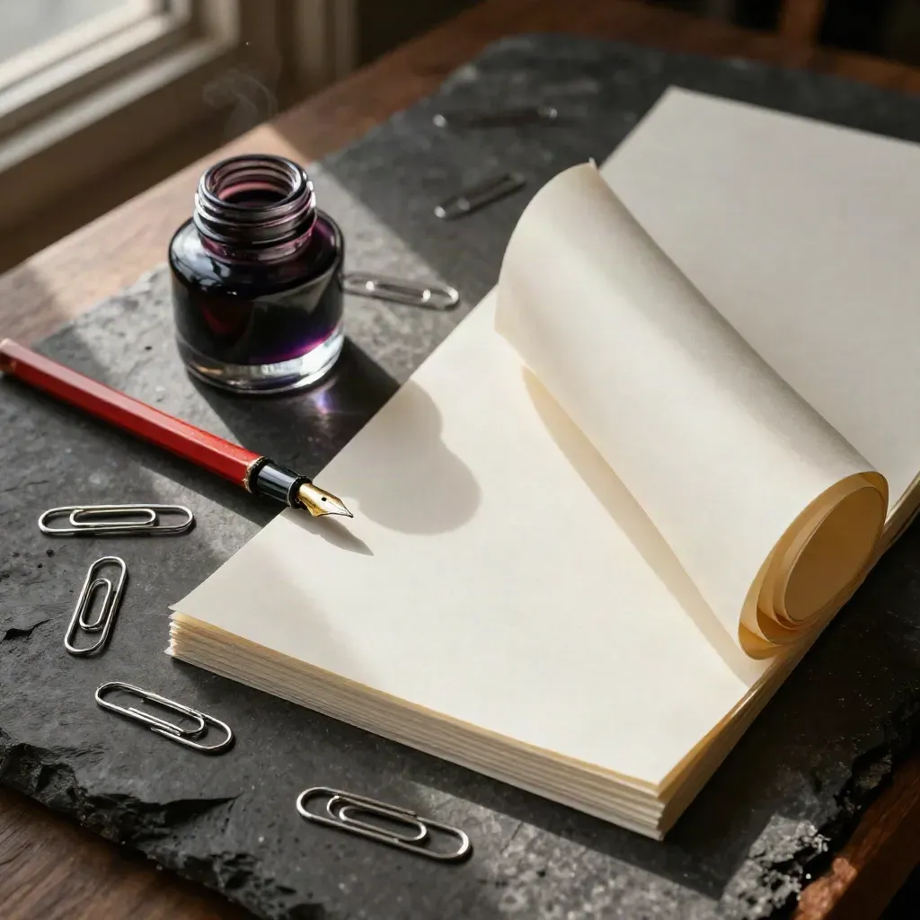 Vue zénithale d’une plume, d’encre, d’un crayon rouge, de trombones et d’épreuves crème.