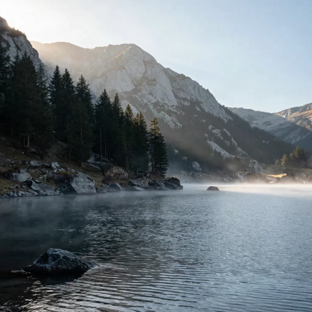 Lac alpin brumeux au matin, pente de pins et crête pâle au loin.