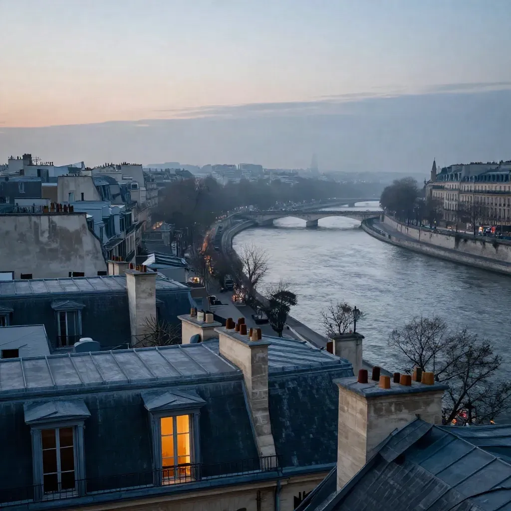 Toits de Paris et Seine en brume bleue, monument lointain haut dans le cadre.