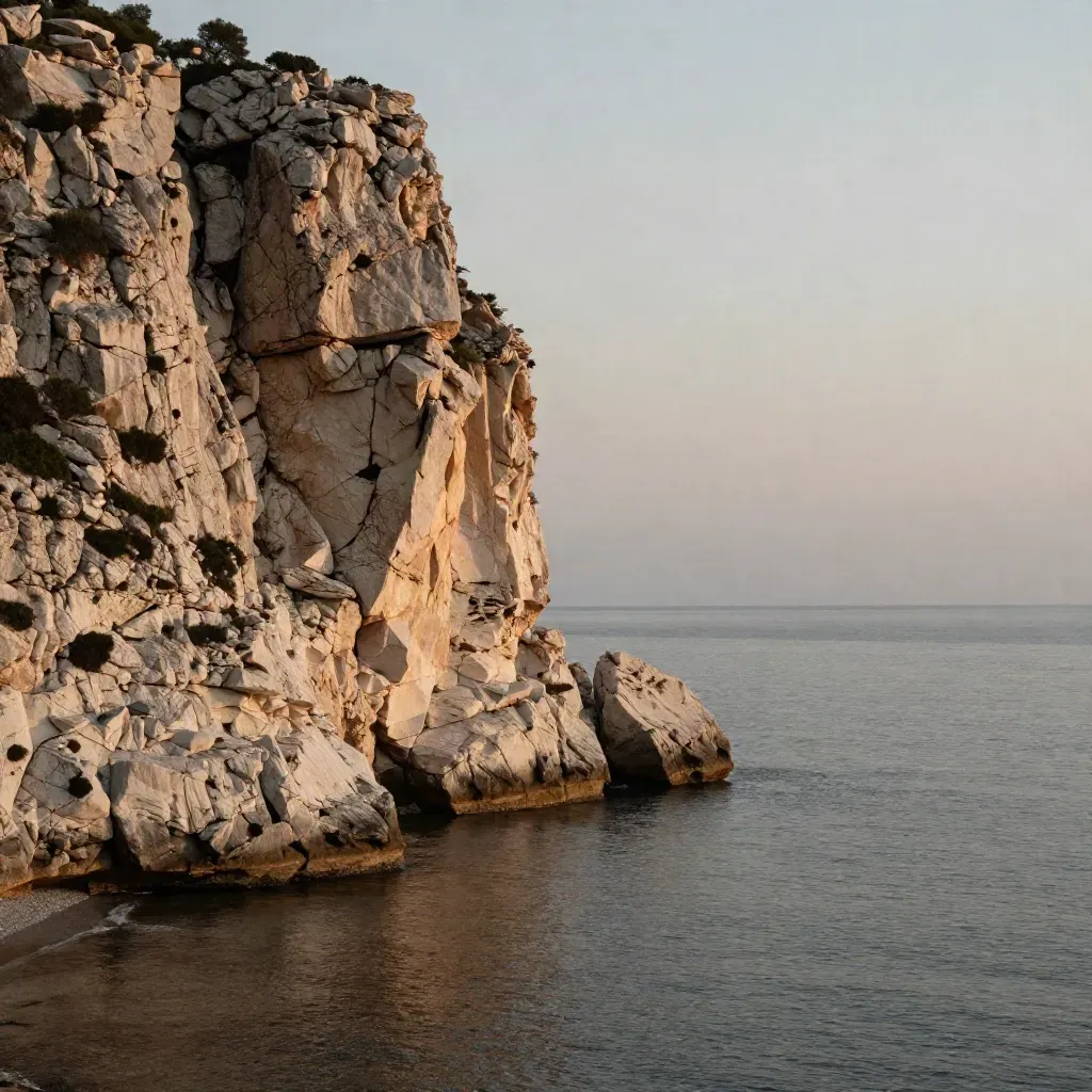 Falaises calcaires des calanques au-dessus d’une mer méditerranéenne sombre, lumière dorée, espace vide en bas.