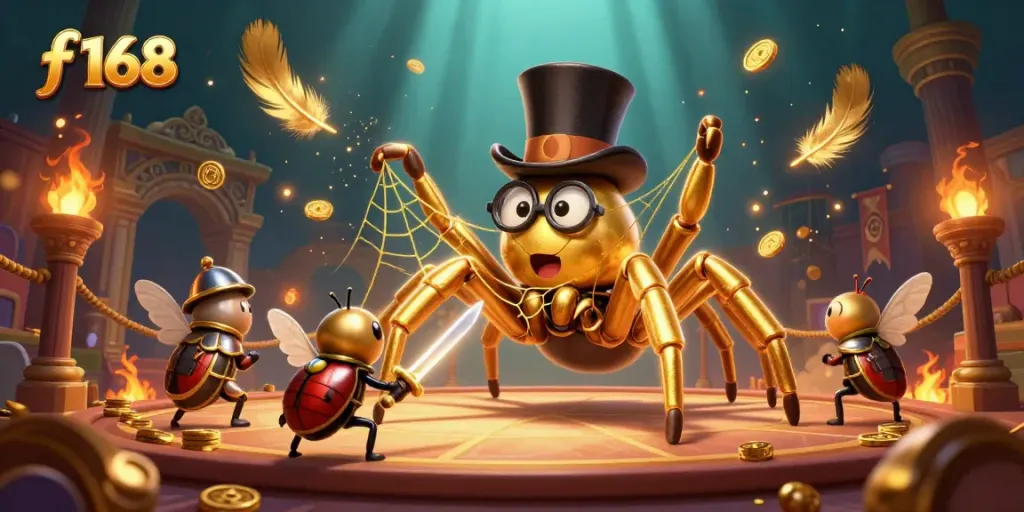 Experience thrilling adventures at f 168 with a vibrant online casino scene featuring engaging characters.