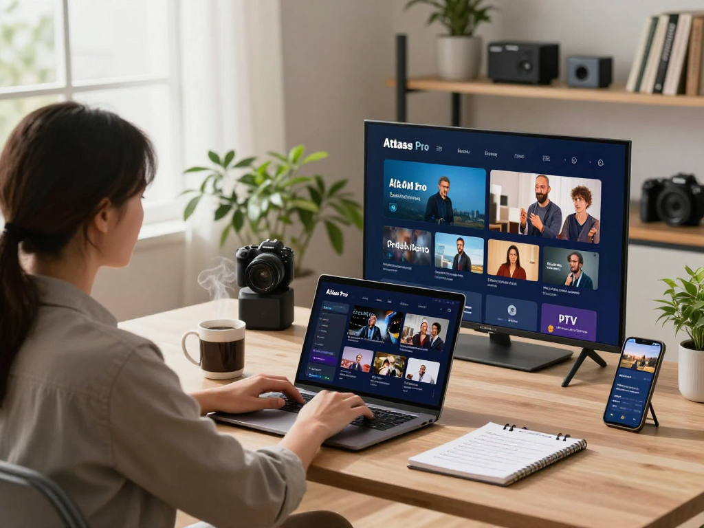 Expérience de streaming Atlas Pro PC dans un bureau moderne avec un ordinateur portable et une Smart TV.