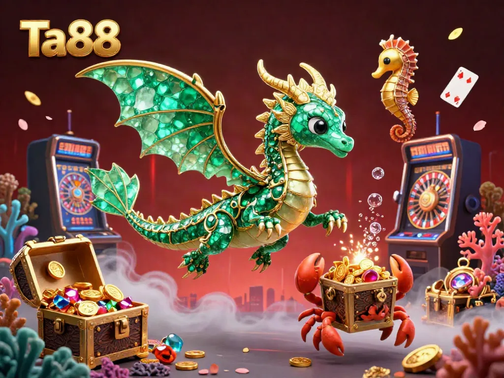 Experience the thrill of Ta88 as a cartoon sea dragon and royal seahorse guard emerge amidst vibrant casino elements.