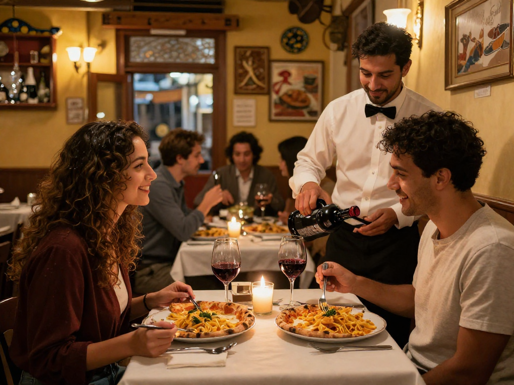 Le meilleur restaurant de Naples avec lavowin link, couple dégustant un dîner romantique avec pizza et pasta.