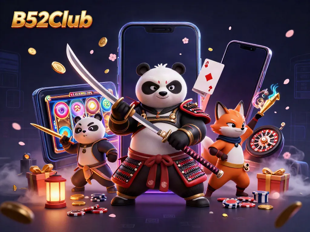 Engage with B52Club's gaming excitement featuring a samurai panda, ninja fox, and magical spirit in a dynamic casino scene.