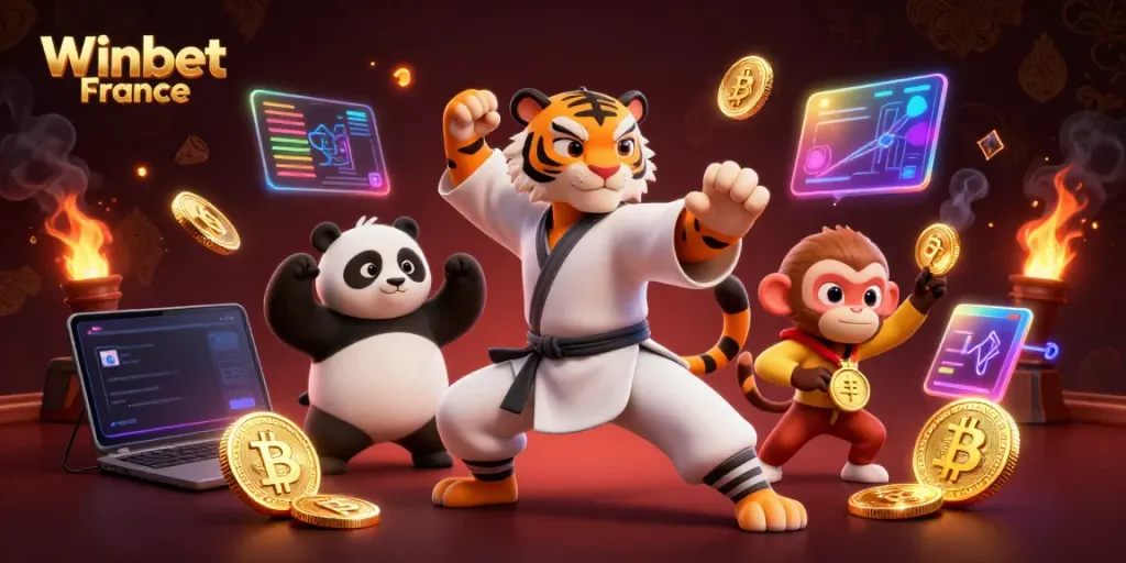 Montée des paris avec Winbet France, illustration d'un tigre en arts martiaux entouré de pièces de crypto-monnaie.