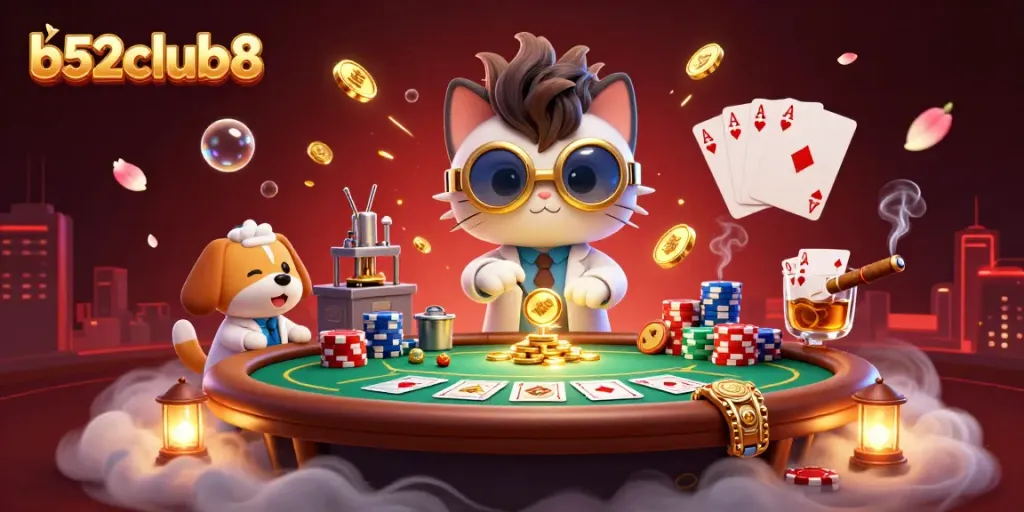 Engage in thrilling games at b52club8 with a festive scene of a mad scientist cat and dog amidst vibrant poker elements.