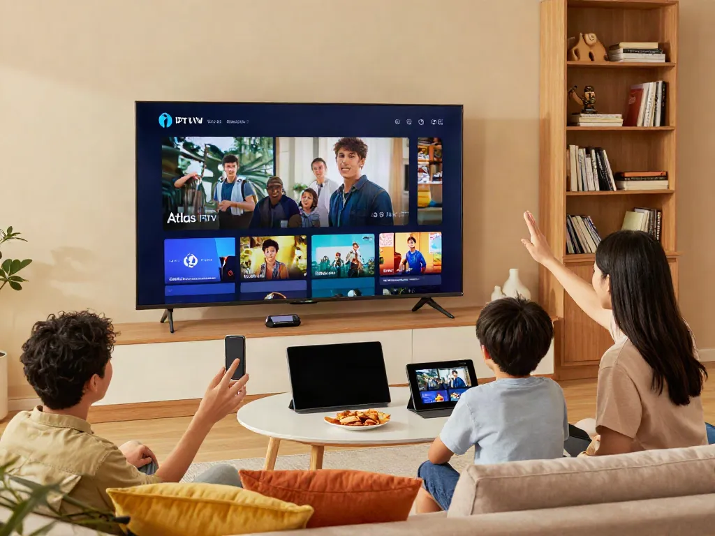 Famille profitant de l'application Atlas Pro IPTV sur un téléviseur dans un salon confortable.