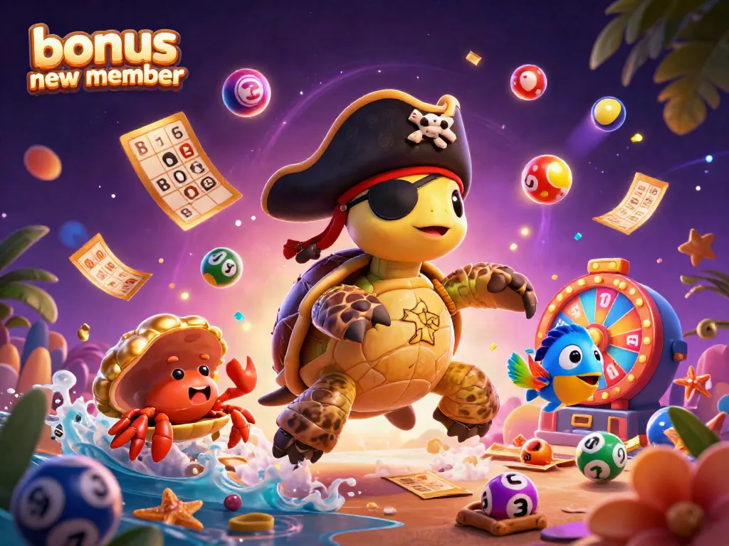 Engage with the bonus new member offer amidst a vibrant casino scene featuring a pirate turtle and a lively underwater setting.