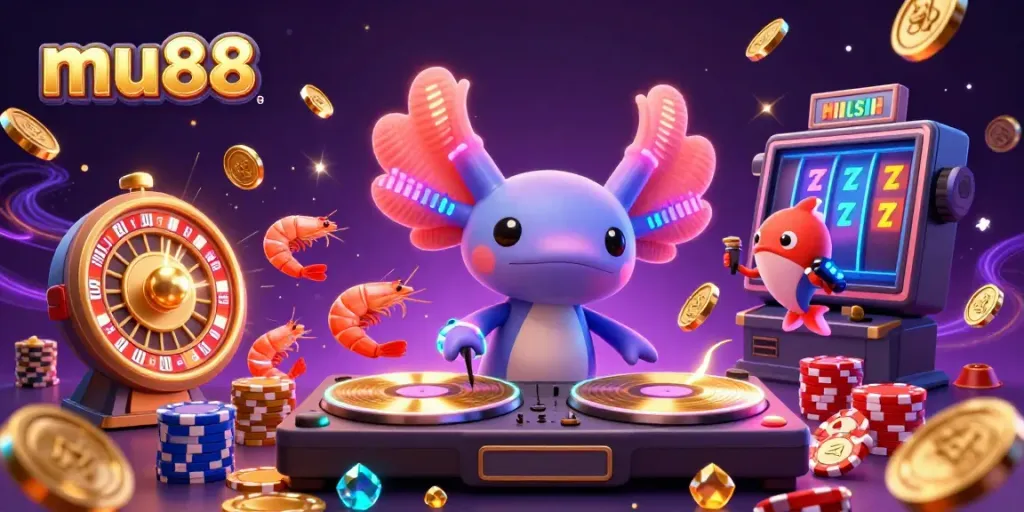 mu88 lively scene showcasing a neon-colored axolotl DJ in an underwater casino exploding with colorful gaming elements.