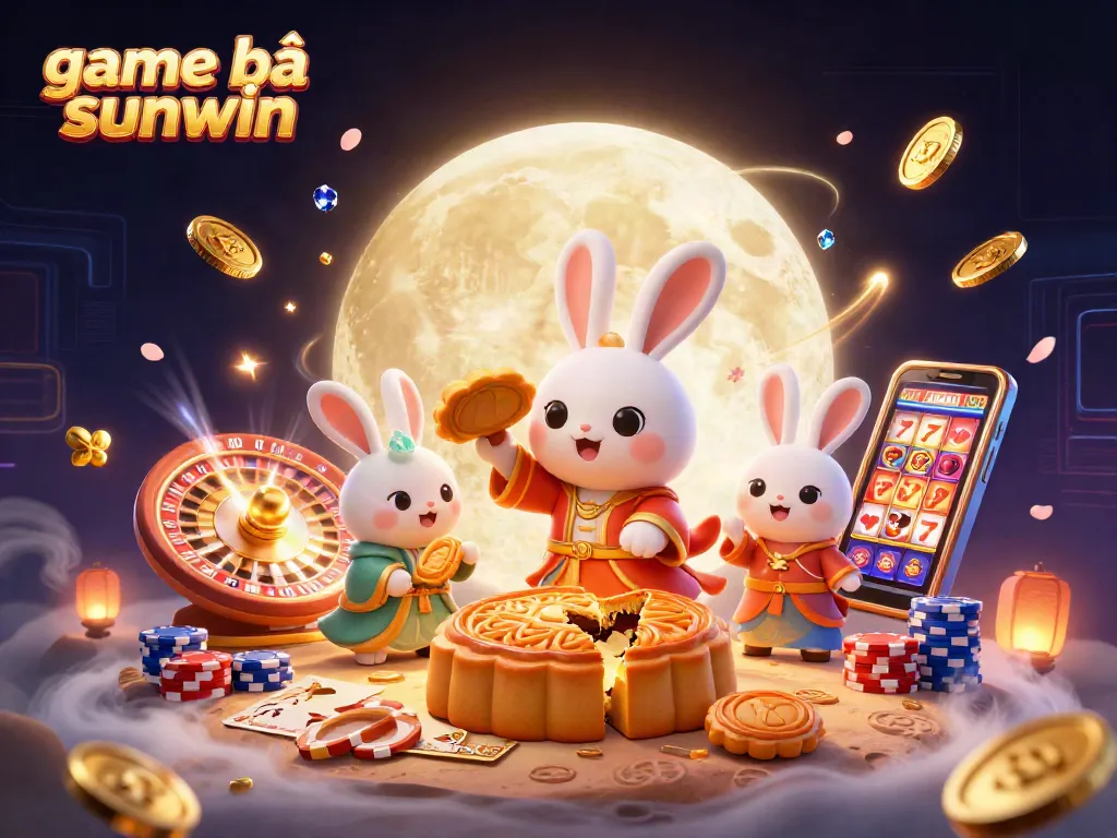Experience game bài sunwin with a stunning 3D illustration of a moon rabbit and casino elements.