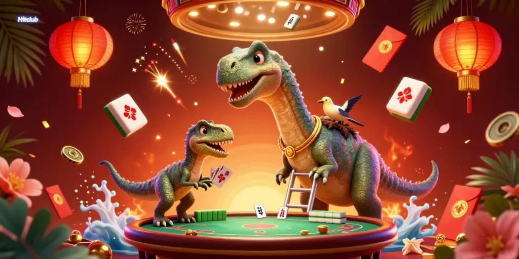 Hitclub offers a vibrant online gaming experience with a towering brontosaurus and dealer raptor in a casino.