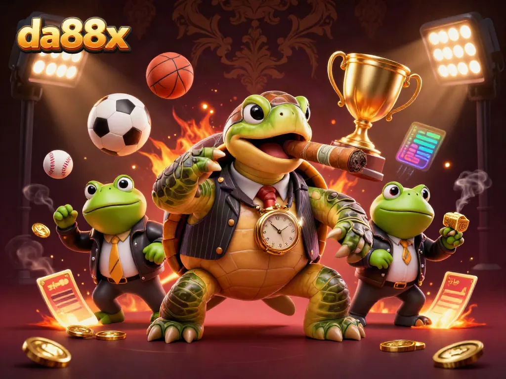 Experience the thrilling da88x action with a mobster turtle in a vibrant casino scene full of sports elements.