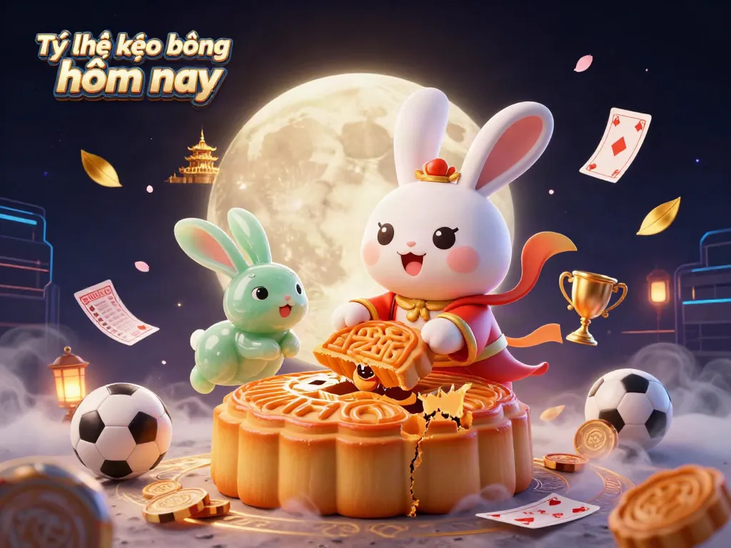 Tỷ lệ kèo bóng đá hôm nay features a 3D moon rabbit with poker chips, surrounded by soccer elements
