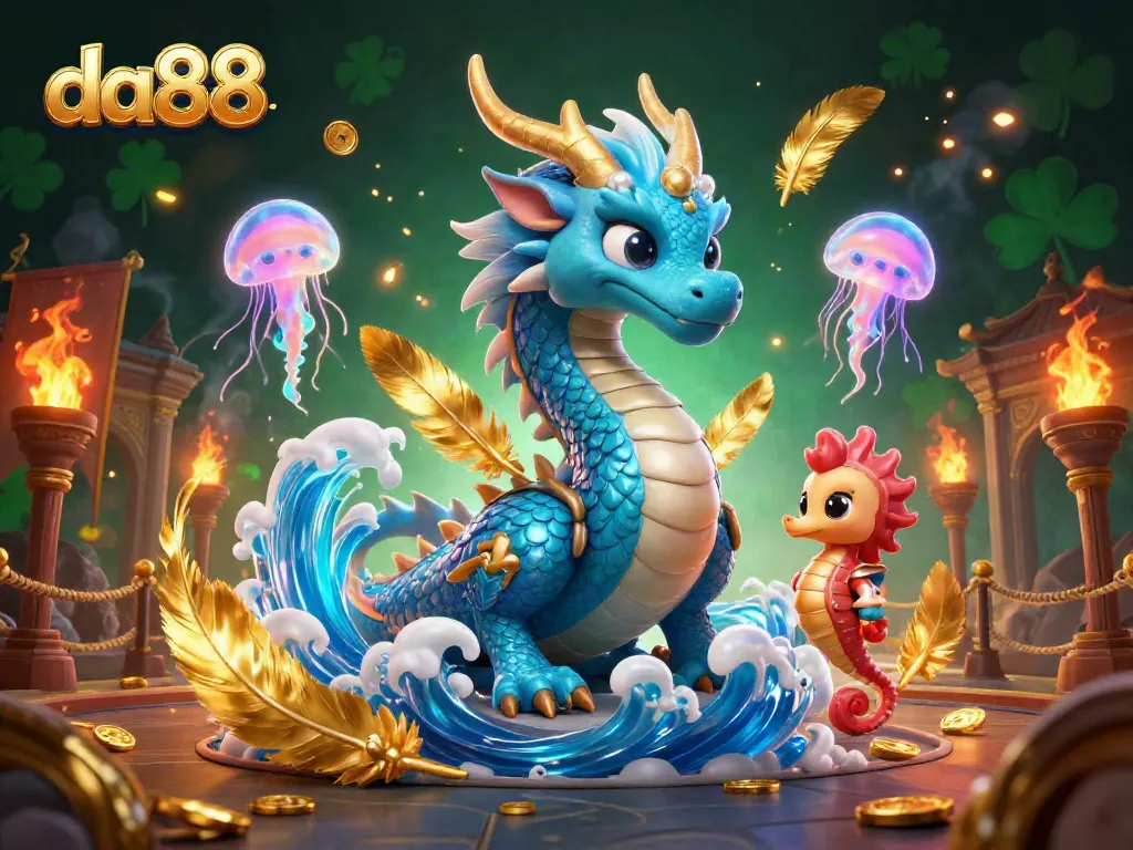 Engaging scene from da88 featuring a vibrant azure dragon, jellyfish, and gold coins for online gambling.