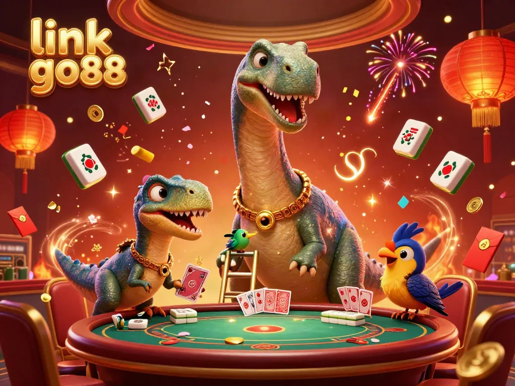 Experience the excitement of gaming at link go88, with a giant brontosaurus surveying a lively casino atmosphere filled with dynamic card dealing and festive decor.