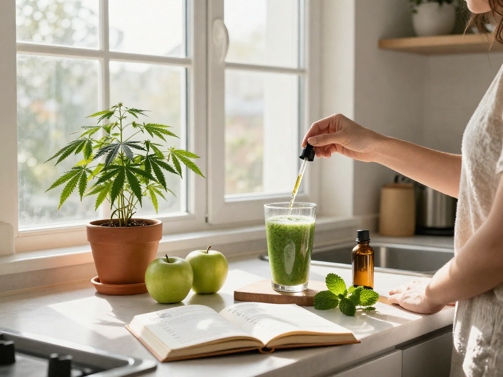 Une scène de bien-être dans une cuisine moderne en France, où un individu prépare un smoothie avec de l'huile de CBD, mettant en avant un site paris sportif France naturel et organique.