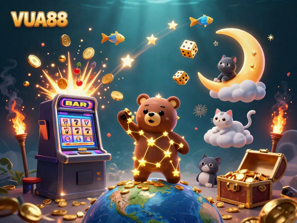 Experience thrilling winnings with VUA88's vibrant 3D casino adventure illustration.