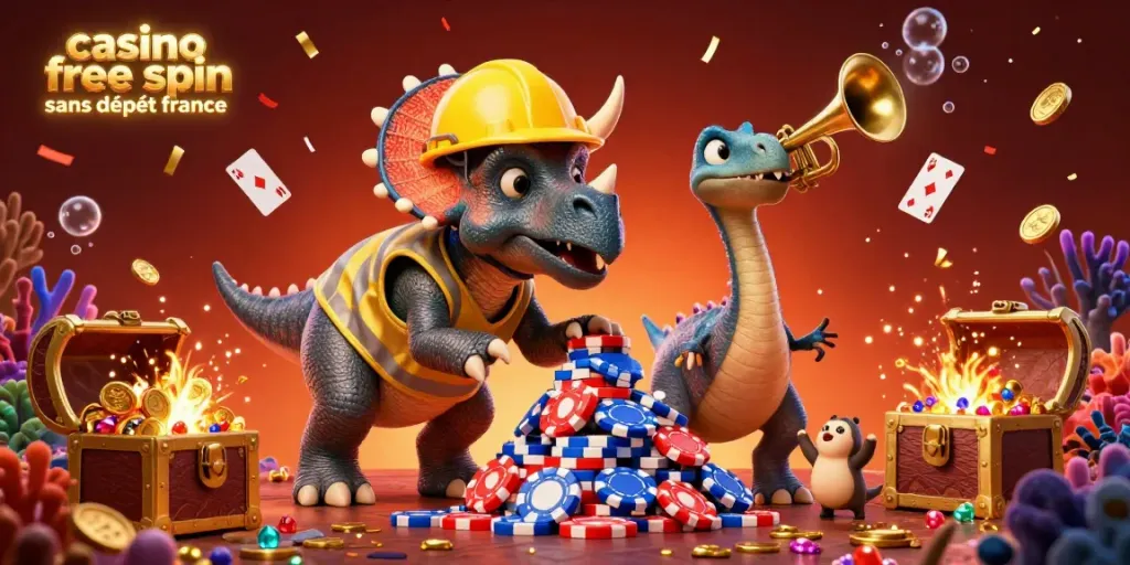 Engage with the vibrant casino free spin sans dépôt france scene featuring a triceratops building poker chips and celebrating.