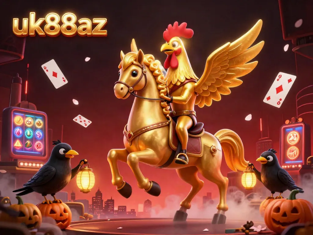 Experience the vibrant casino atmosphere with uk88az featuring a golden rooster and dynamic gambling elements.