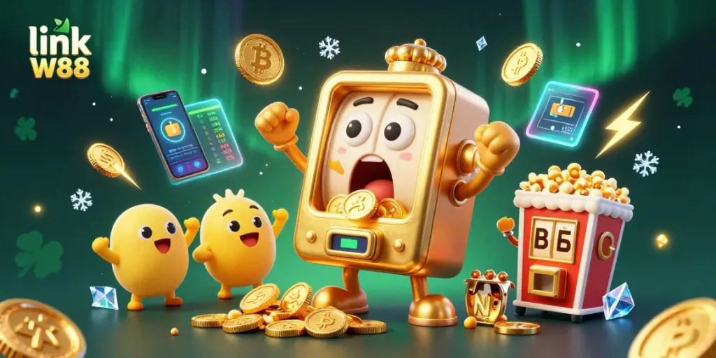 Experience excitement with link W88 as the golden slot machine hits a jackpot amidst floating crypto coins.