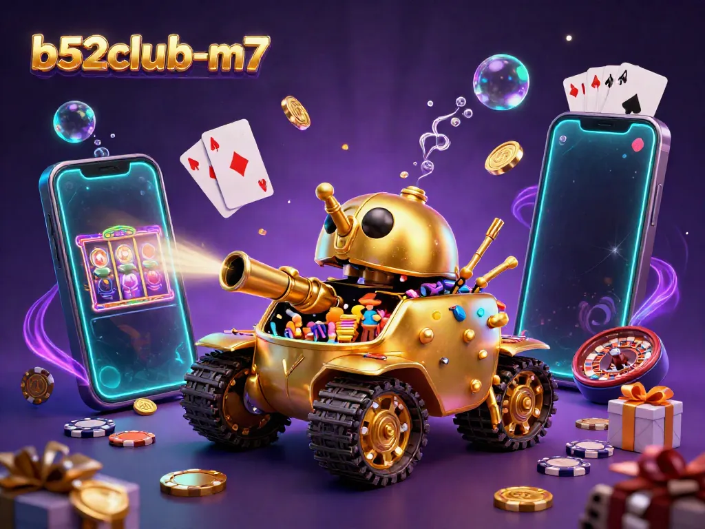 Experience vibrant gaming action with b52club-m7's 3D casino-themed illustration featuring a golden beetle tank.