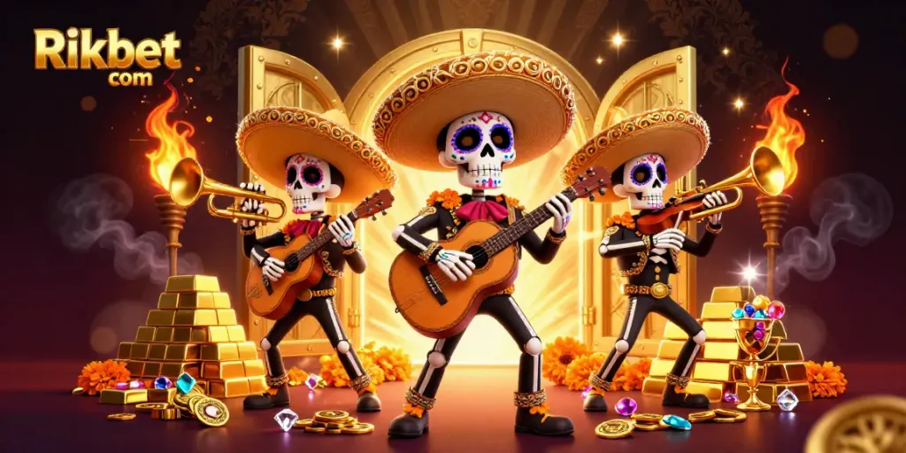 Experience the festive atmosphere of Rikbet com with a vibrant 3D illustration of a mariachi band amidst dazzling casino treasures.