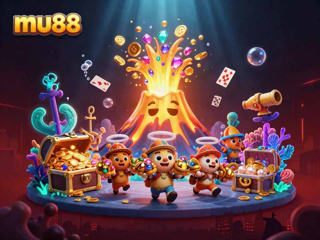 Experience excitement at mu88 with triumphant treasures erupting from a golden volcano in this 3D casino scene.