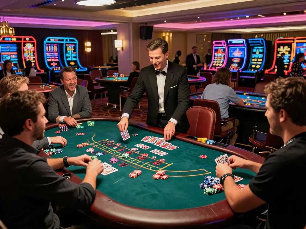 Joueurs au blackjack en ligne profitant d'une ambiance de casino animée avec des jetons colorés et des cartes.