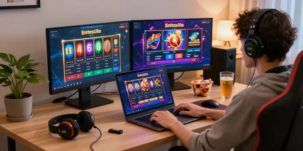 Pengalaman bermain situs slot dalam suasana nyaman, dengan permainan menarik di layar laptop dan aksesori gaming di sekitar.