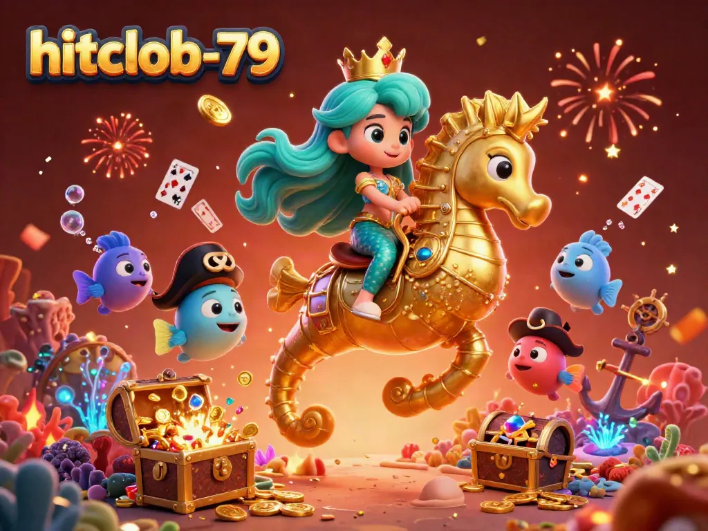 Join the adventure at hitclub-79 with a vibrant 3D illustration depicting a mermaid and seahorse in a casino-themed underwater world.