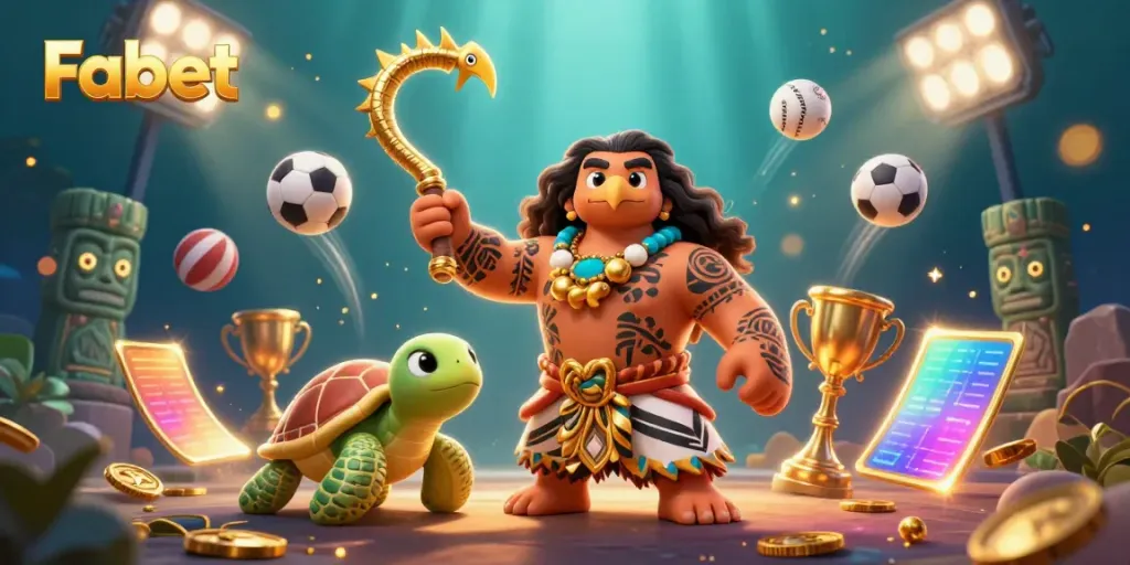 Experience the thrill of Fabet's dynamic betting scene with a cartoon demigod and turtle amidst vibrant sports action.