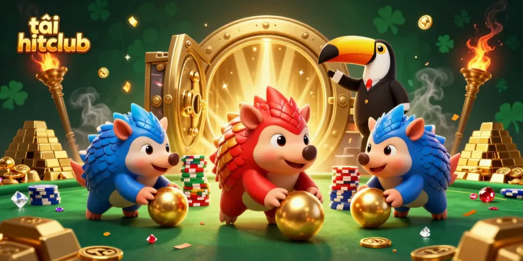 Engage with the excitement of tải hitclub in this vibrant 3D casino-themed illustration featuring colorful pangolins and dynamic gambling elements.
