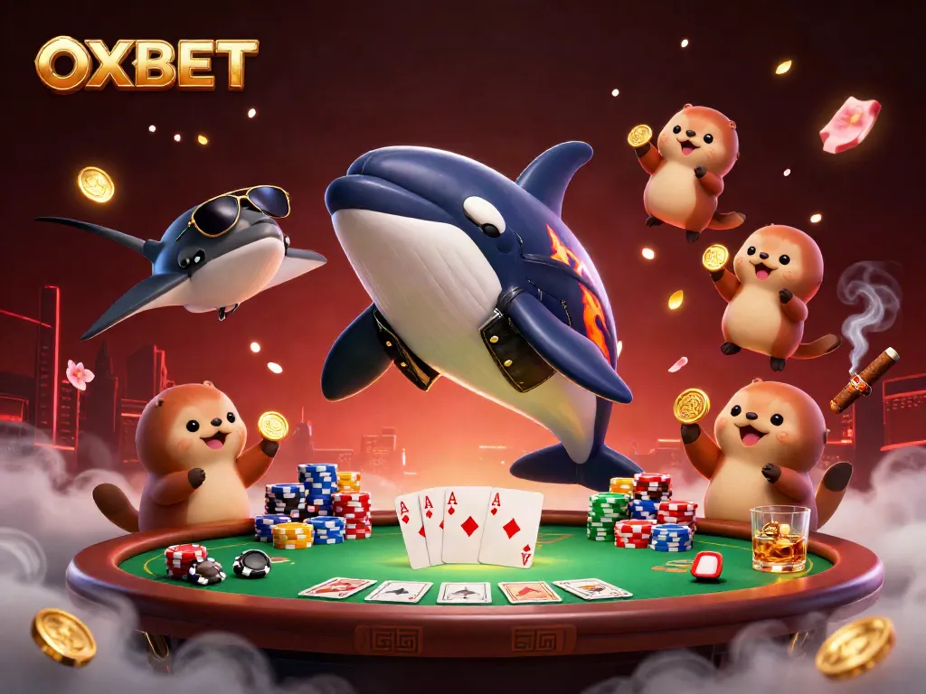 Enjoy thrilling action in OXBET casino with a cartoon orca, stingray, and otters amidst poker elements.
