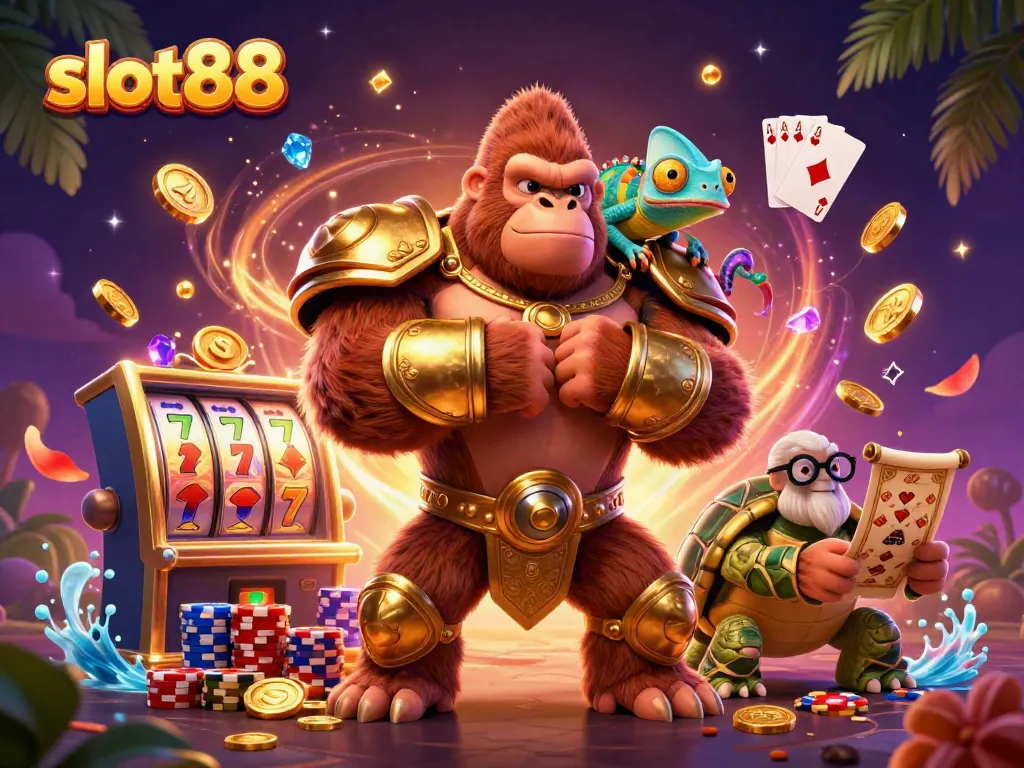 Experience thrilling action with slot88 as a cartoon gorilla king faces off amidst cascading coins and vibrant game elements.