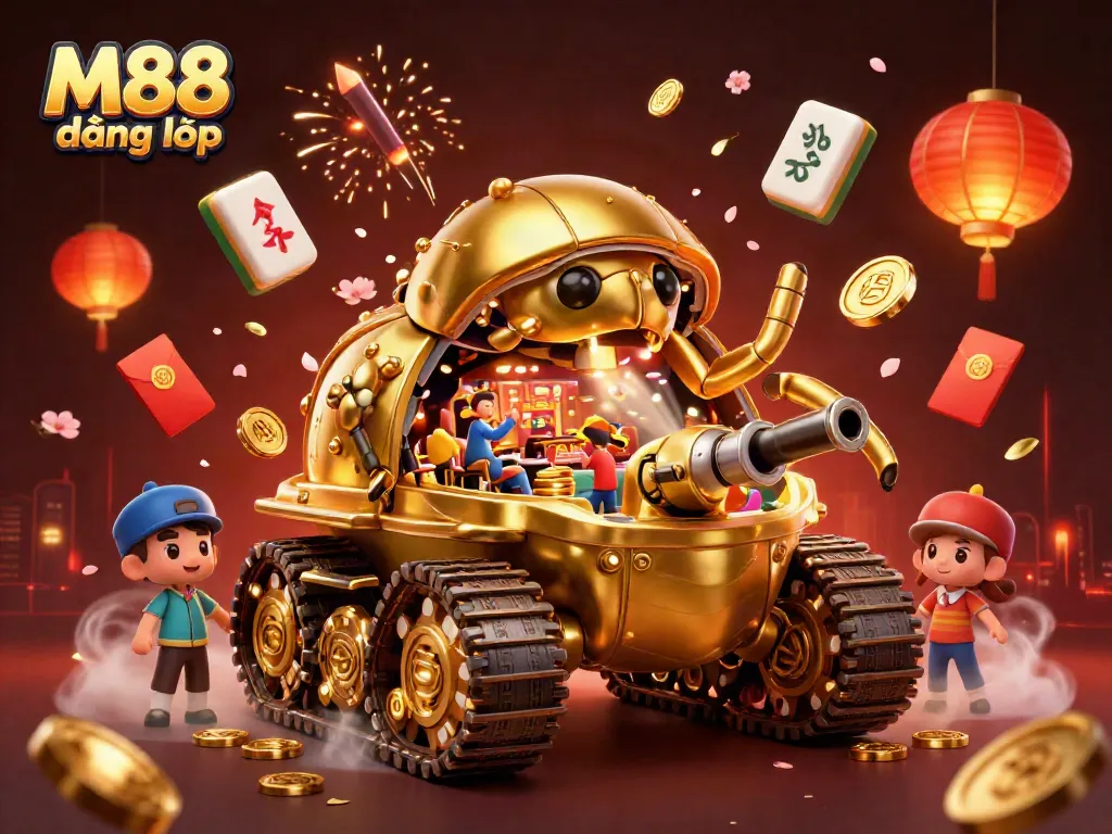 Access M88 đăng nhập easily with a vibrant casino scene featuring massive golden beetle tank and gaming elements.