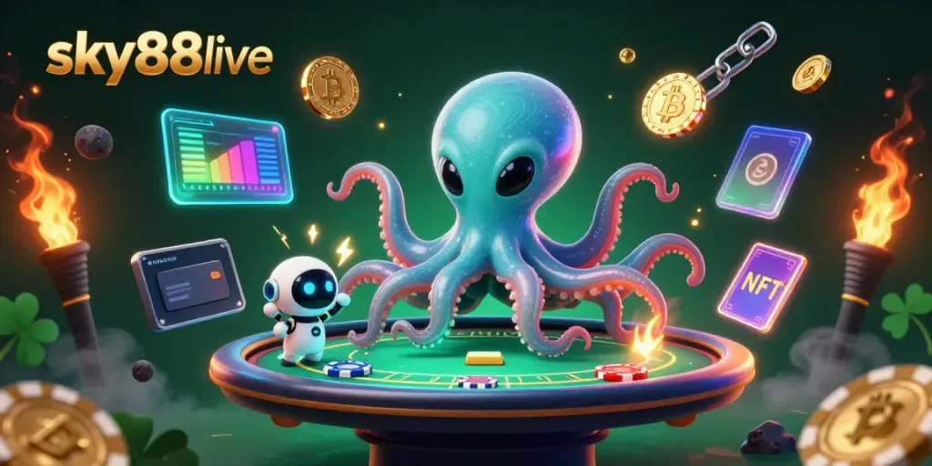 Engage in thrilling poker action with sky88live's vibrant alien octopus and glowing crypto coins.