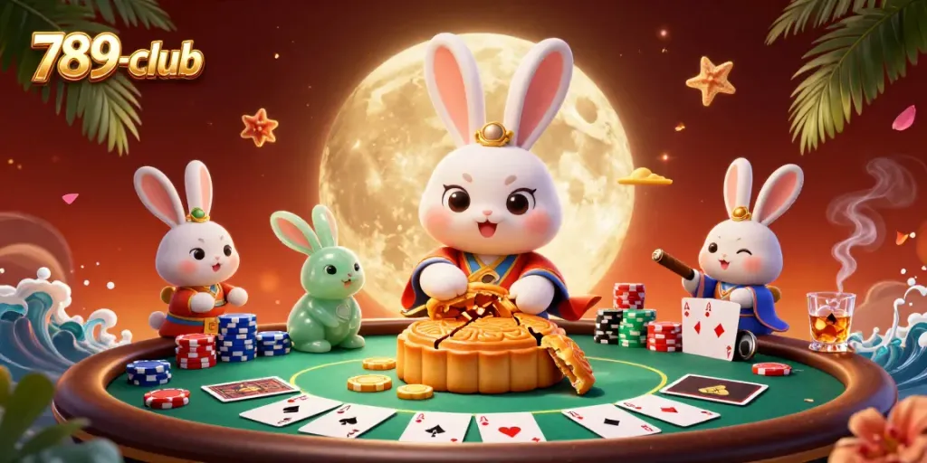 Experience the vibrant gaming scene of 789-club with a moon rabbit cracking open mooncakes for poker chips.