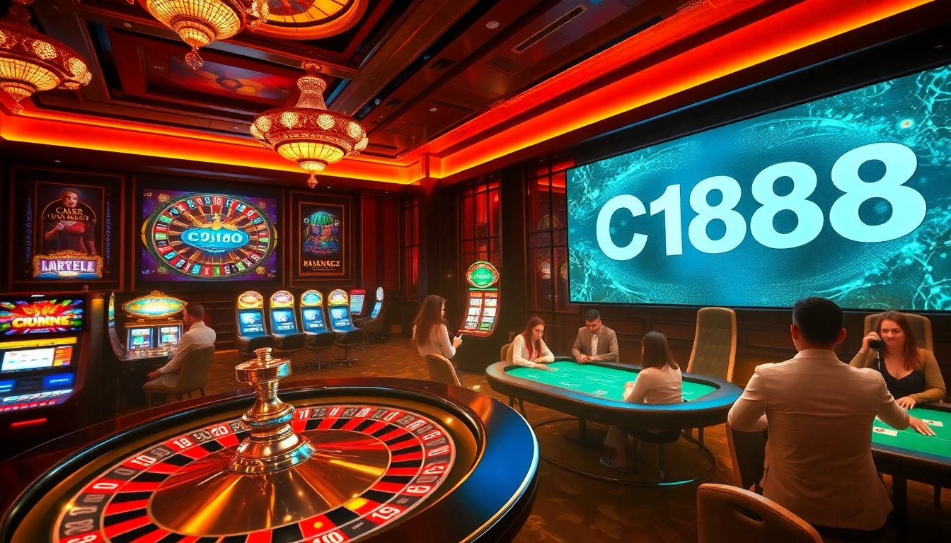 Engaging casino atmosphere with C168 branding, vibrant games, and lively players.