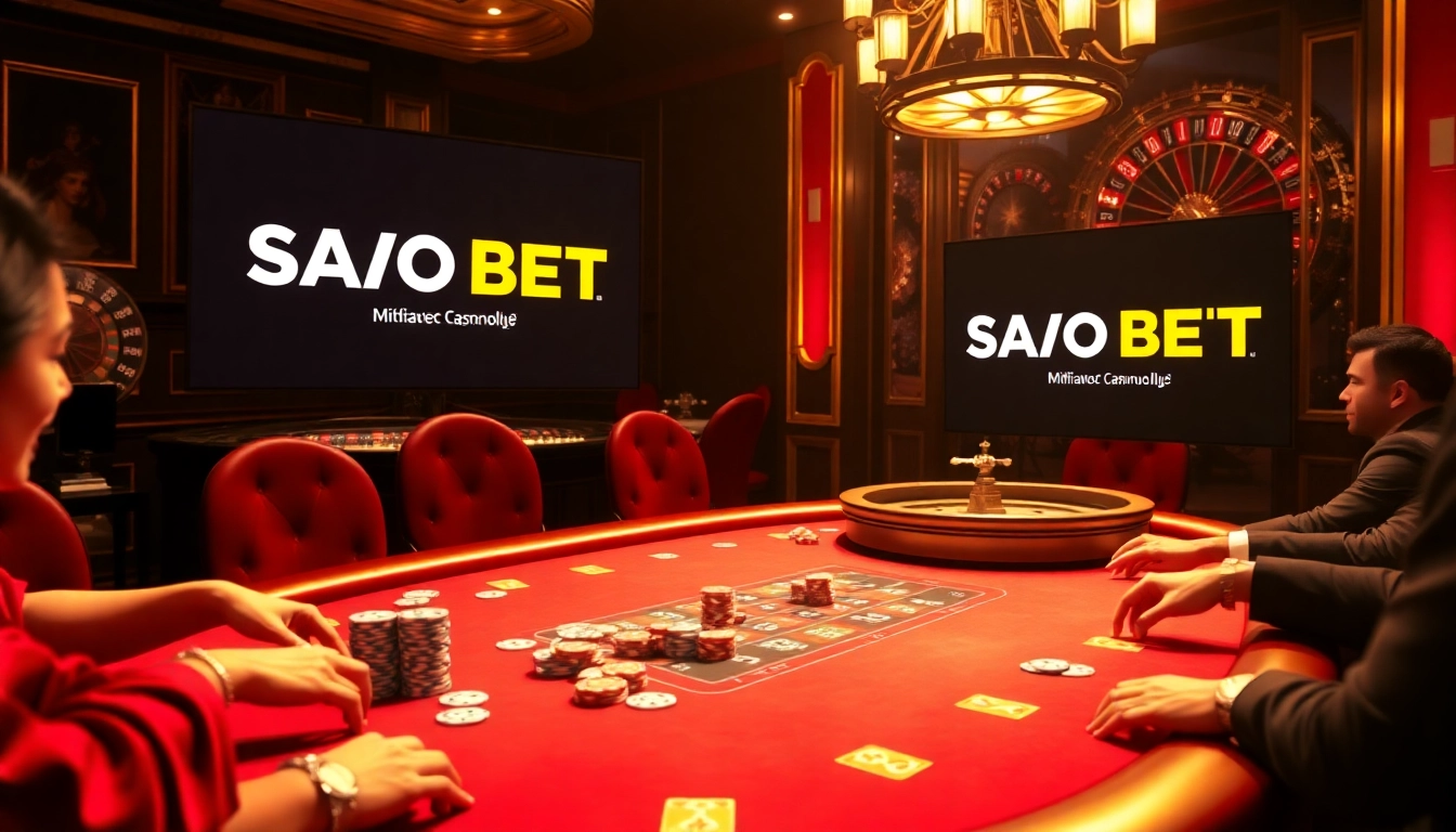 SAO BET players enjoying a luxurious poker game setup with colorful chips and cards.