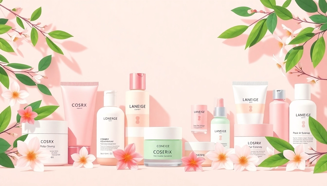 bästa K-beauty-produkten i en stilren flat lay med naturliga element och mjukt ljus