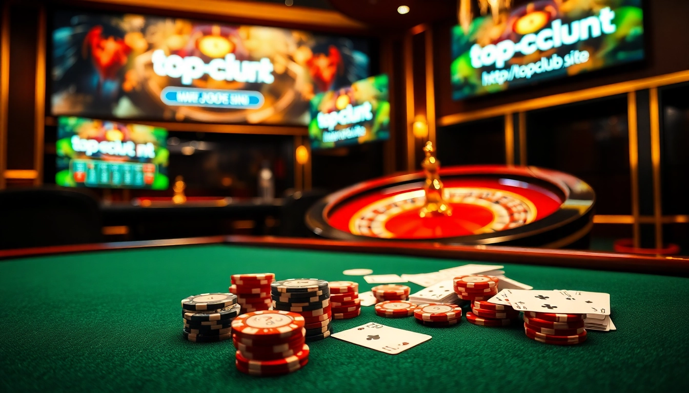 Experience excitement at https://topclub.site/ with vibrant casino elements like poker chips and a roulette wheel.